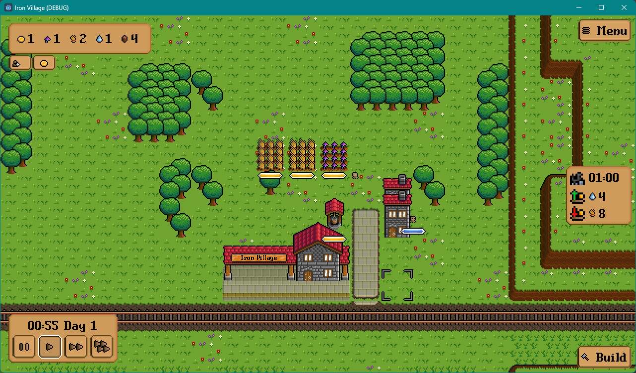 A screenshot of Iron Village. A small town has been built.